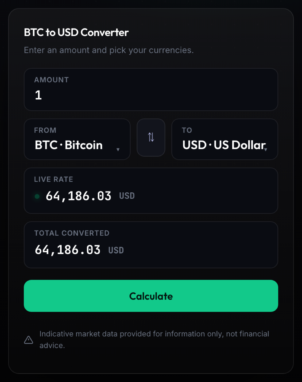 The 1 Trade Market Converter: enter an amount and choose the coins to convert between