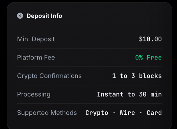 1 Trade Market deposit details: minimum deposit, platform fee, confirmations and processing time