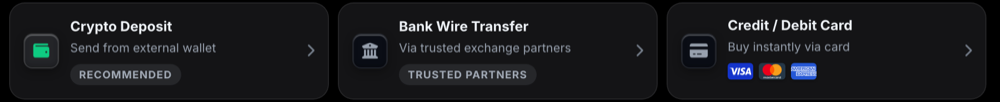 The three 1 Trade Market deposit options: Crypto Deposit, Bank Wire Transfer and Credit or Debit Card