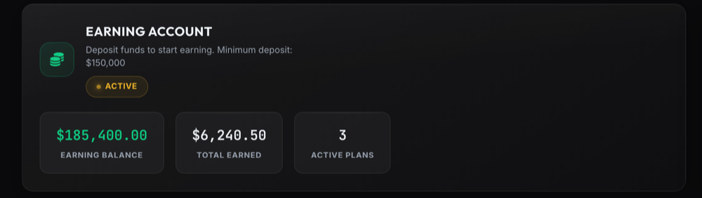 The 1 Trade Market Earning Account showing earning balance, total earned and active plans