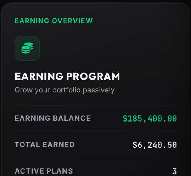The Earning program overview with earning balance, total earned and the Start Earning button