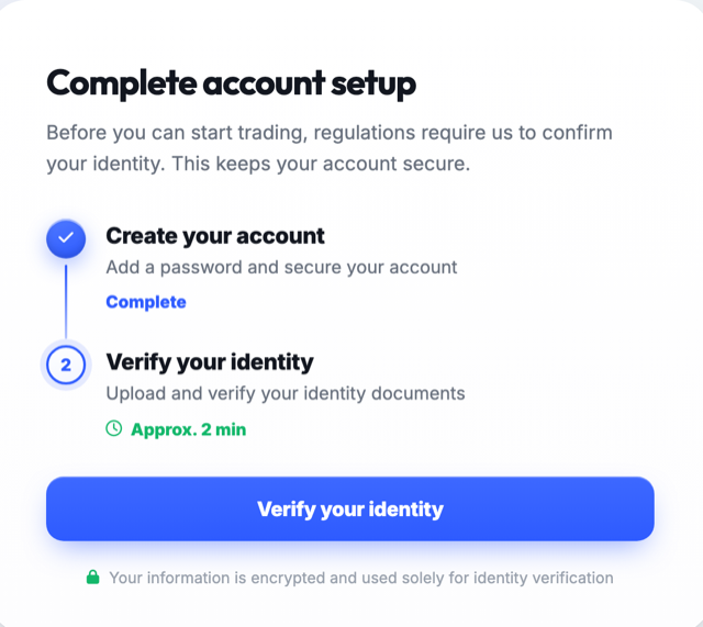 The 1 Trade Market identity verification step