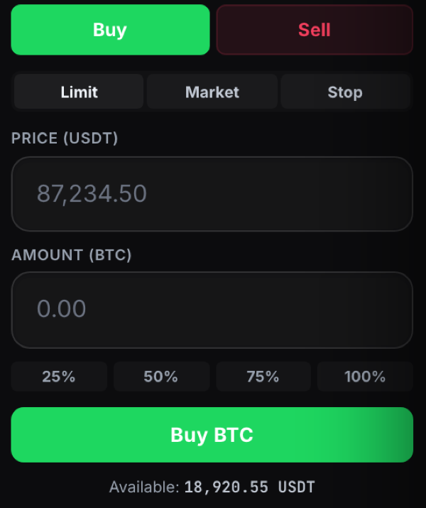 The order panel with Buy and Sell, order types, price and amount fields