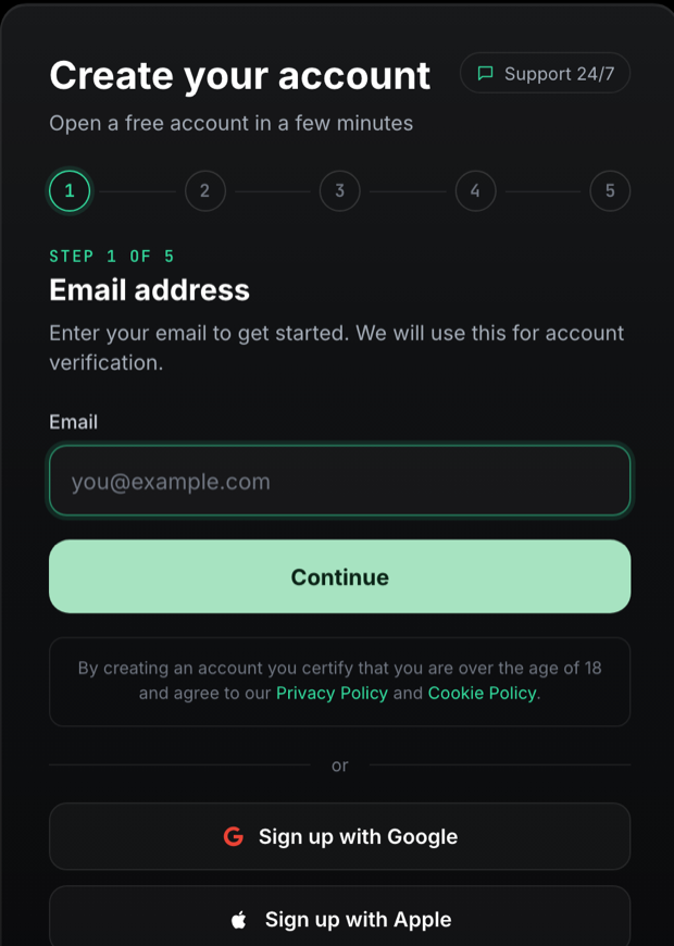 Step 1 of signing up for 1 Trade Market: entering your email address