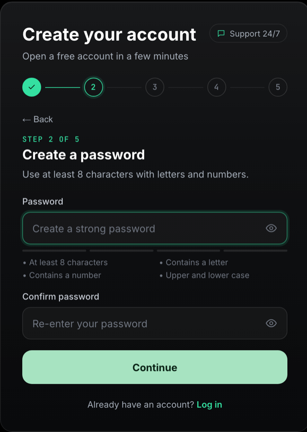 Step 2 of signing up: creating a password