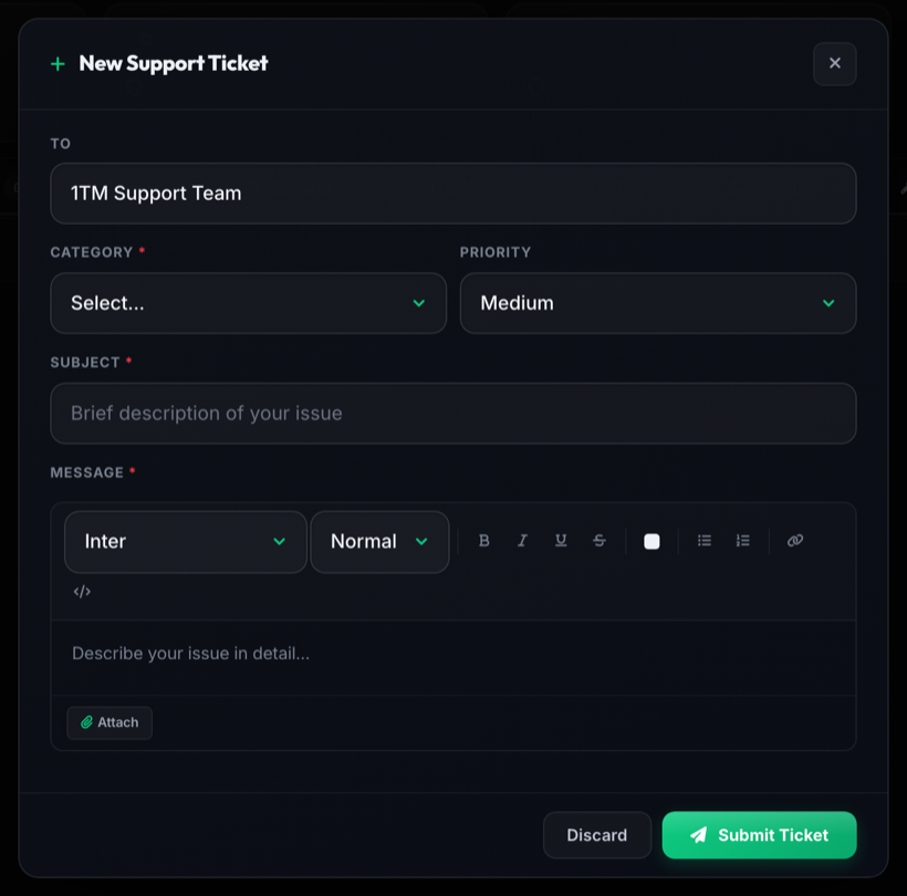Filling in a new support ticket on 1 Trade Market