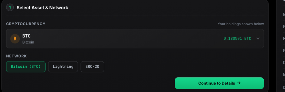The Withdraw tab, where you choose an asset and network to send
